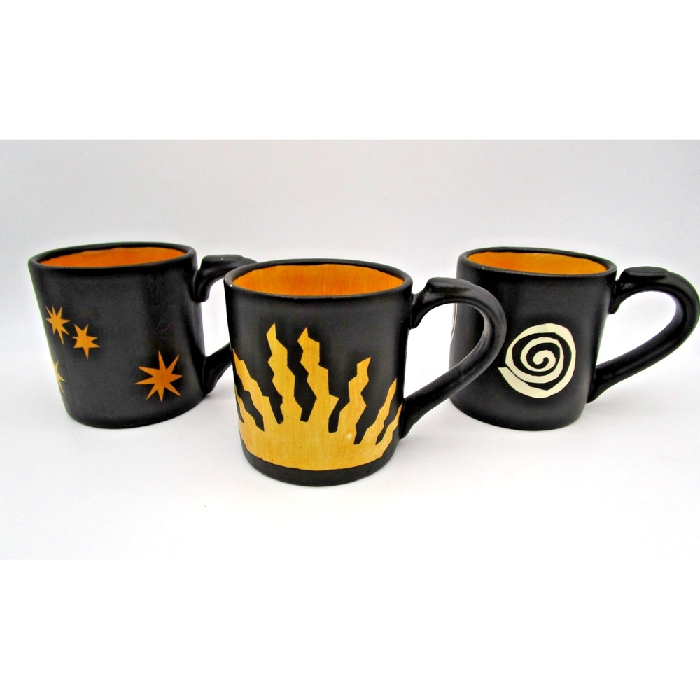 KDW 1994 Set of 4 Studio Pottery Vintage Coffee Mugs Black Stars Sun Petroglyph